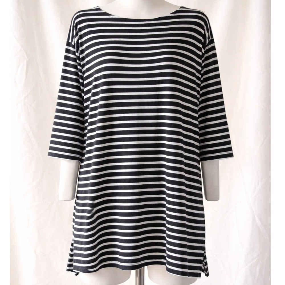 Emerald Olive Green Ivory Striped Oversized Shirt 3/4 Sleeve Women's‎ Size M NWT